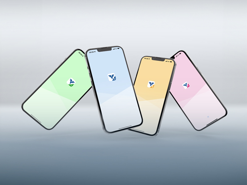 Alle view Volksbank Apps starten auf vier Smartphones.